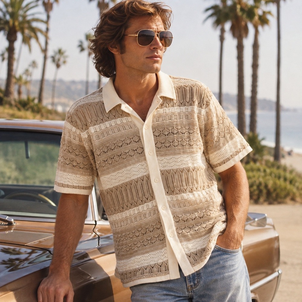 Hollister Mens Large Crochet Knit Button Front Polo Shirt Tan Cream Open Weave